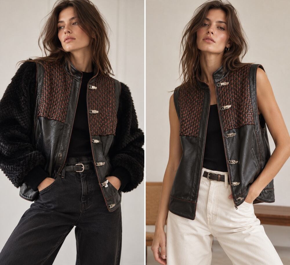Vintage Fur Couture Beverley Hills 1990s Oversized Leather Jacket Vest Black L